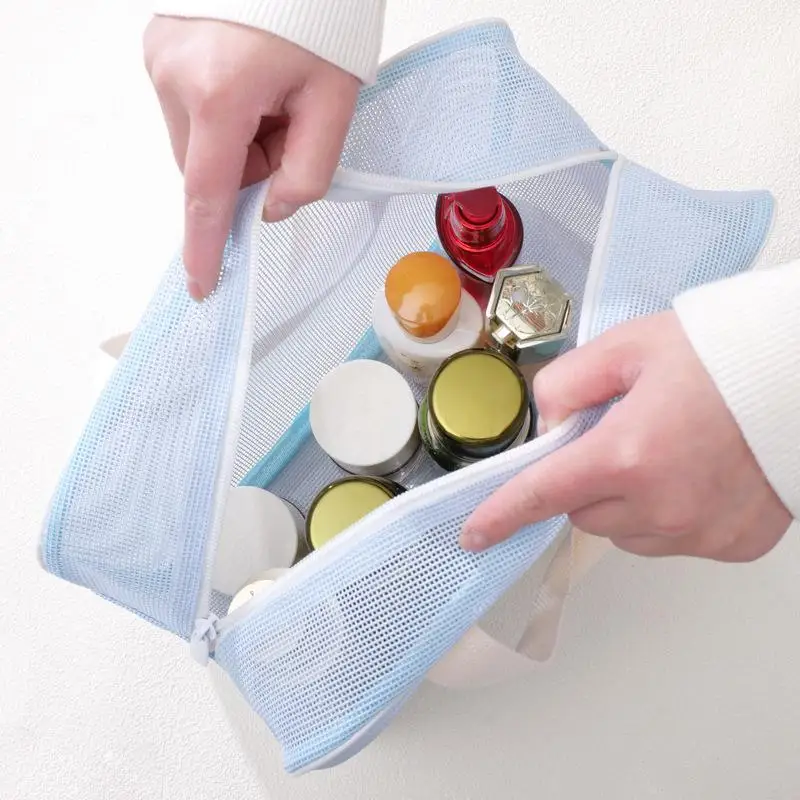 Portable Breathable Mesh Cosmetic Bag with Handle Transparent Design for Toiletries