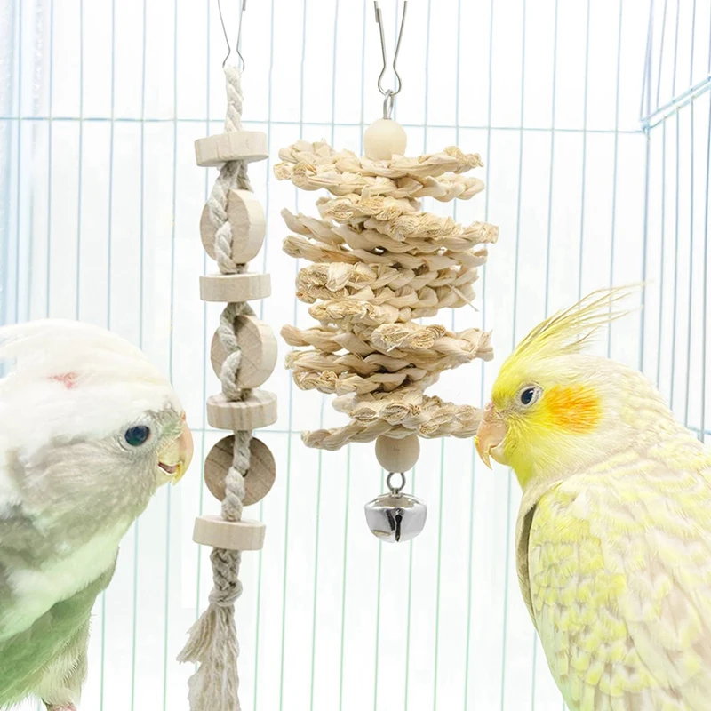 7 Packs Bird Parrot Swing Chewing Toys- Natural Wood Hanging Bell Bird Cage Toys Suitable For Small Parakeets Cockatiels Conures