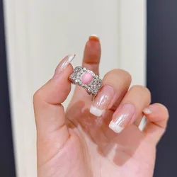 Light luxury exquisite silver 925 surround zircon hollow lace rings for women design delicate pink oval ring wedding jewelry