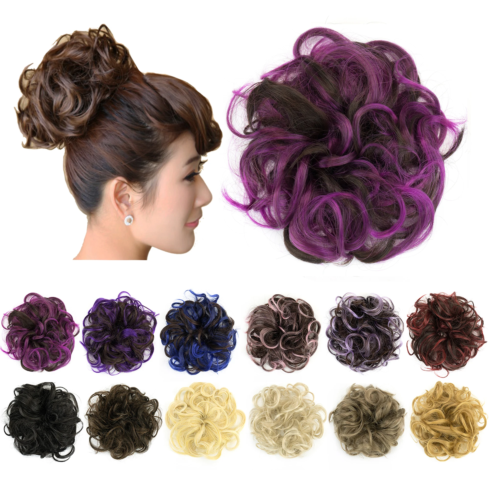 Soowee 2PCS Messy Bun Rainbow Color Updo Hairband Flexible Scrunchies Curly Hairpieces Chignon Purple Rubber Headband