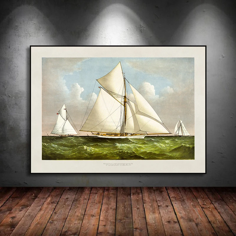 Sailing Yacht Steamship Sailboat Illustration Poster Canvas Painting Print, Nautical Ship Art Picture for Living Room Home Decor