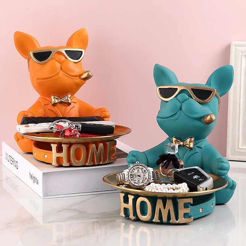 Modern Cool French Bulldog Figurine With Storage Tray Entryway Key Holder Tabletop Candy Snack Dish Living Room Bedroom Desktop