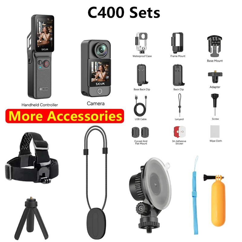 SJCAM C400 Action Camera Combo Best Sport DV Video 4K 7H Battery Life Dual Touch Screen Vlog Camera with Accessory Kits Gifts