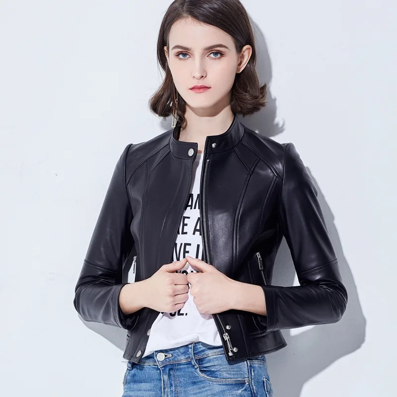 Veste de moto en cuir véritable pour femme, manteau en peau de mouton, court, mince, col montant, noir, vêtements de printemps, nouveau, 2023