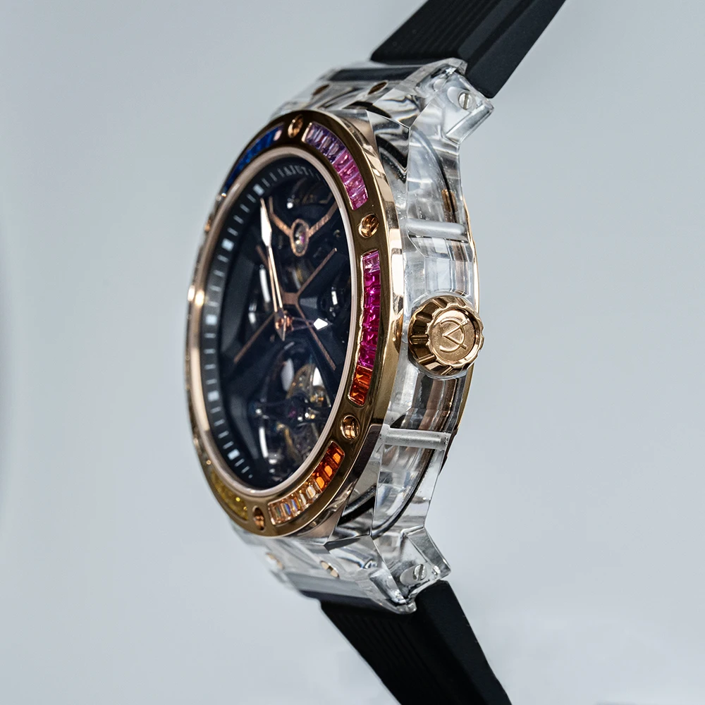 AJUT Movimento automatico Tourbillon Orologi da uomo Cassa trasparente in cristallo Orologi meccanici da uomo di lusso 0523