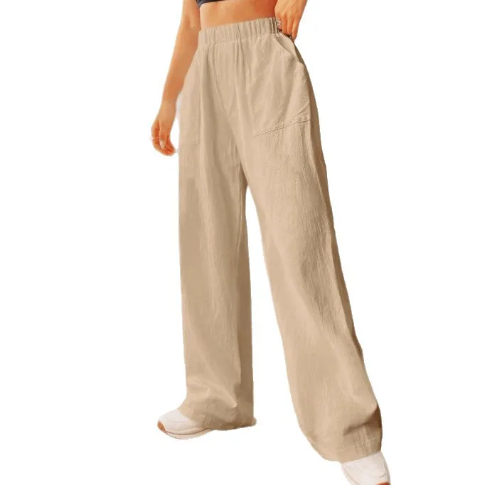 2026 novas calças femininas cor sólida algodão e cânhamo bolsos cintura elástica solta calças de perna larga