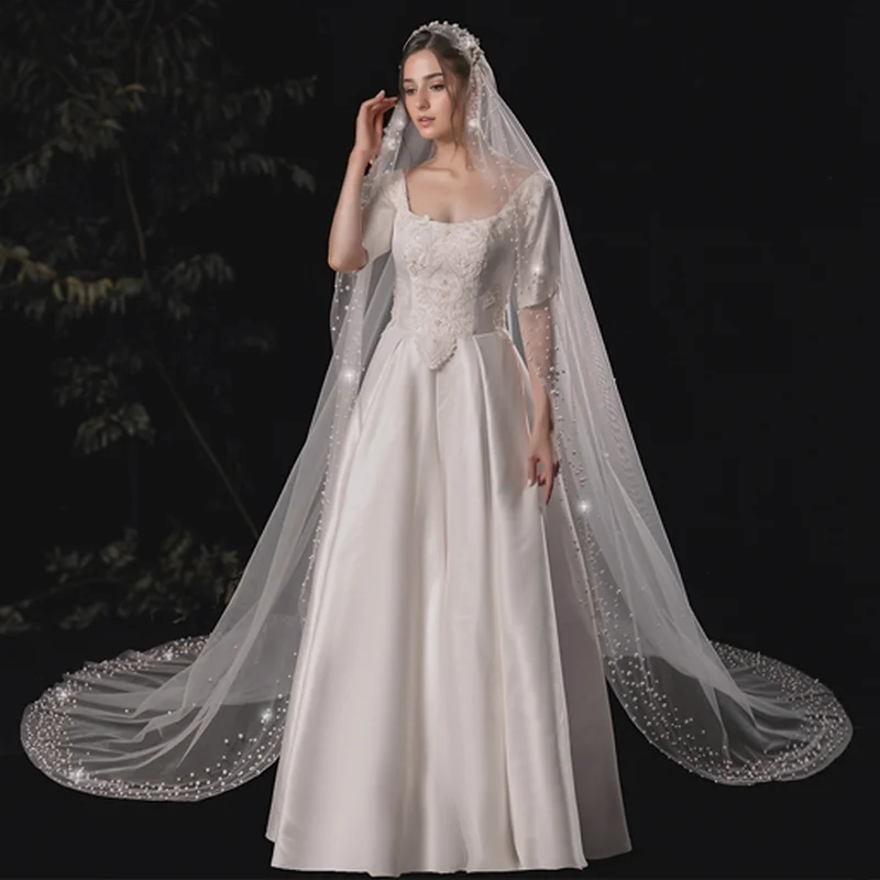 

Соборная свадебная фата с большим и маленьким жемчугом, инкрустированная вручную, роскошная романтическая расческа для волос белого цвета слоновой кости длиной 3 м, стильная мягкая тюль G145