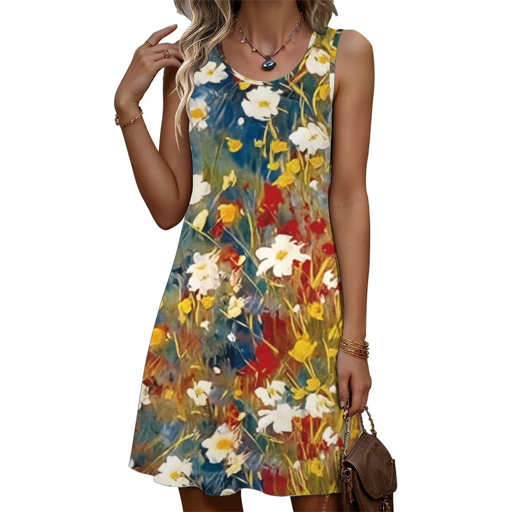 Summer Sleeveless Floral Pattern Fashion Women Mini Dresses 3d Prined Beach Casual Ladies Dress 3XL Plus Size Loose Dress
