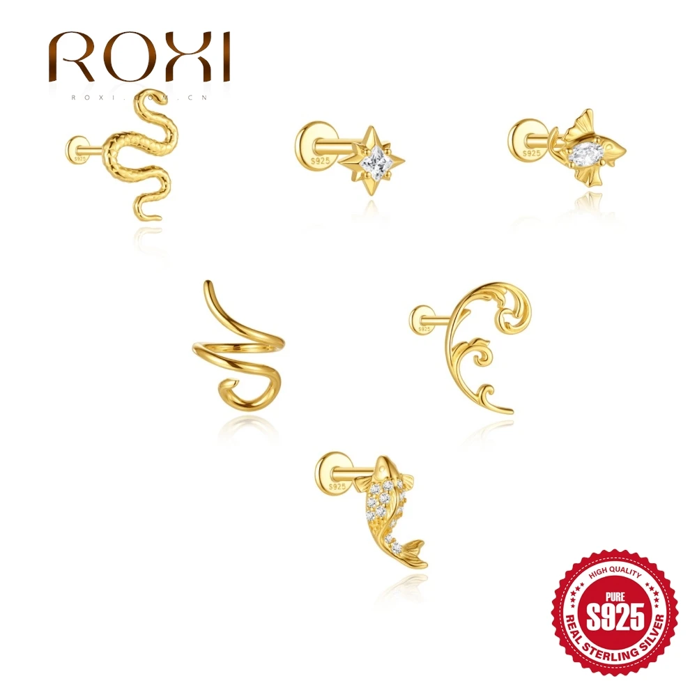 ROXI 925 Sterling Silber Vergoldete Fisch / Stern / Schlangen Piercing-Ohrringe für Frauen 1 Stück Knorpel-Schmuck