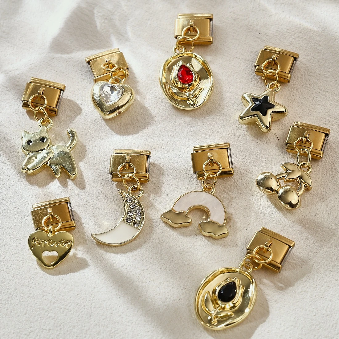 

20 шт./упак. Золотые подвески в виде солнца, звезды, сердца, вишни, кошки, подходят для итальянских модулей-шармов 9 мм, аксессуары для изготовления браслетов из нержавеющей стали своими руками