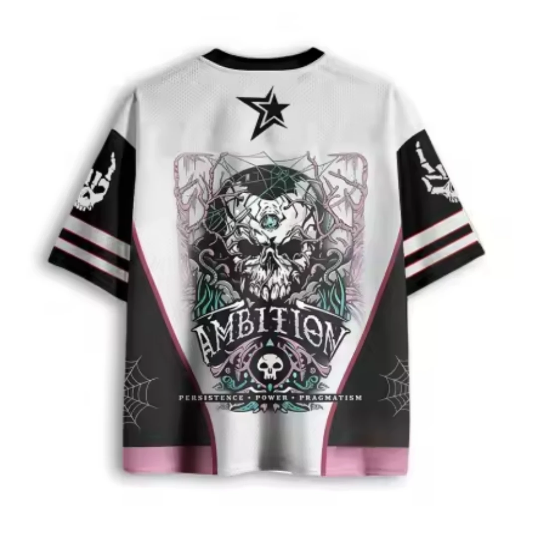 Gothic Skull Pink Black Color Blocked Mesh Skeleton Spiderweb Vine Pattern of The Third Eye, Daily Wear Loose Jersey