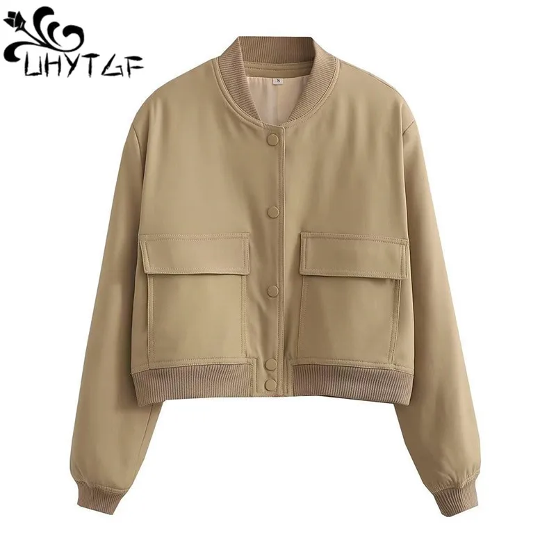 

UHYTGF Fashion Woman Bomber Jackets for Women 2023 Spring Autumn Coat Ladies Pockets Long Sleeve Jacket New Outewear Female 2733