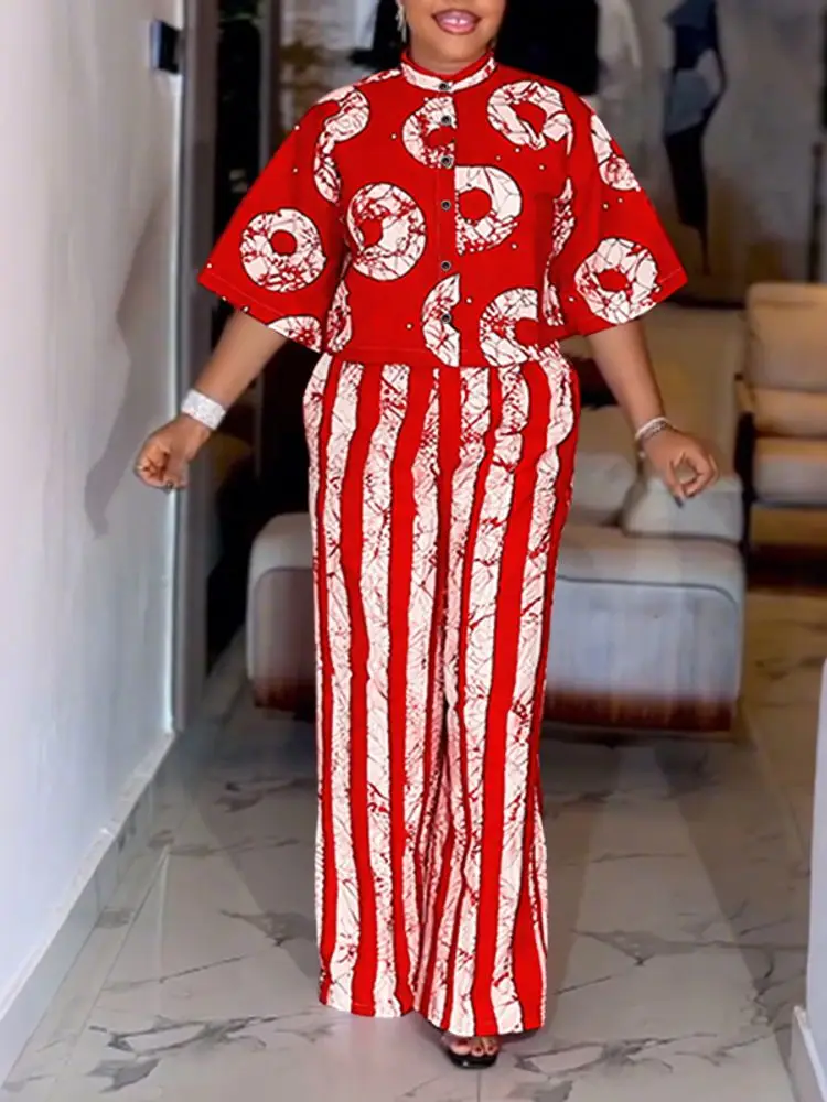 فوندا حجم كبير بانت مجموعات النساء البوهيمي 2 قطعة وتتسابق الخريف 3/4 كم قمصان الموضة بنطال ذو قصة أرجل واسعة طباعة خمر 2 قطعة 5XL #3