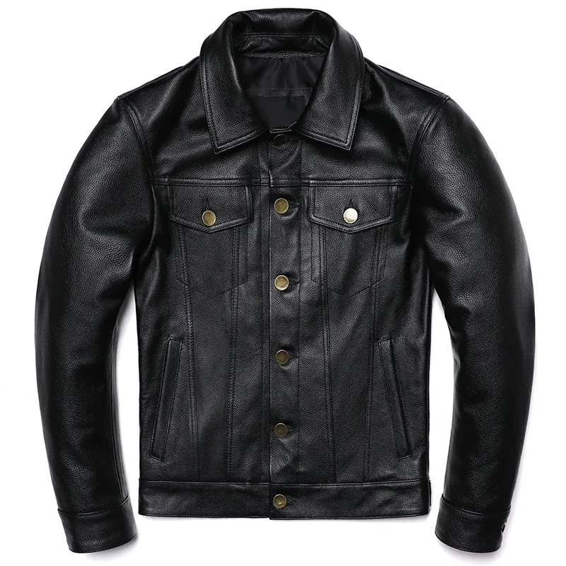 2025 New Cowboy Genuine Leather Jacket Men's Natural Cowhide Slim Short Coat Casual Style Single Breasted Fashion Clothes