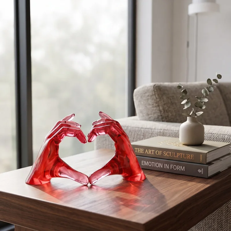 Transparent Resin Heart Gesture Hand Sculpture Multi Color Solid Hand Ornament Modern Minimalist Home Desktop Decor Housewarming