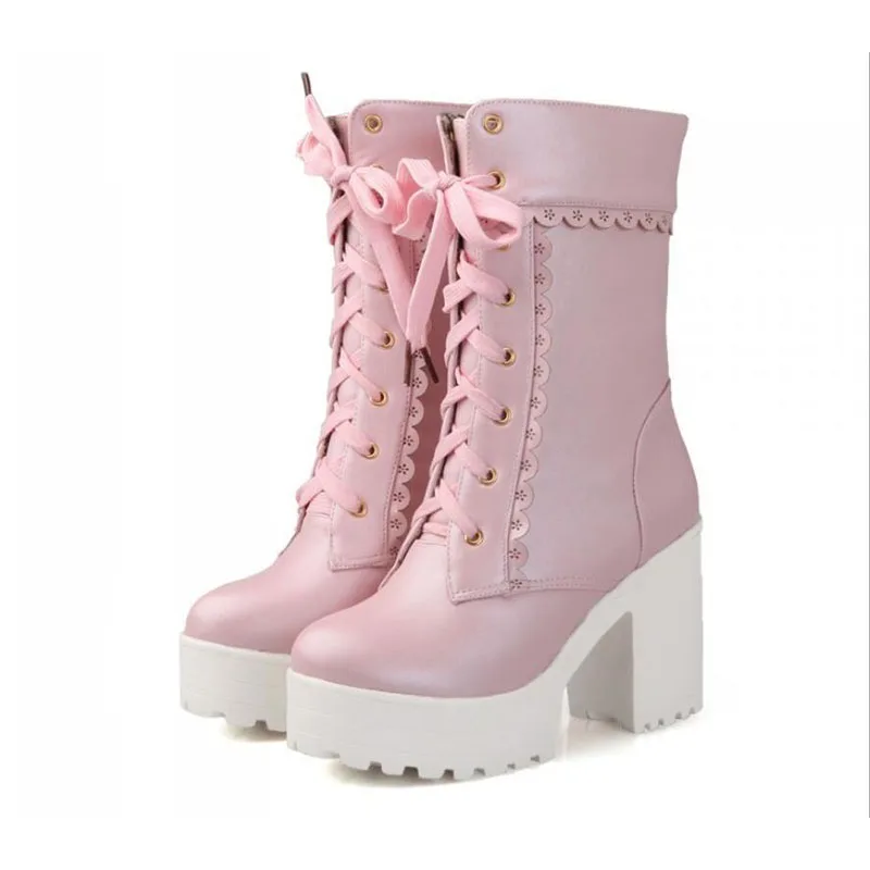 KNCOKAR Autumn Winter New Elegant Lace Lacing Belt Europe And America Boot Thick Heel High Heel Round Head Female Shoe