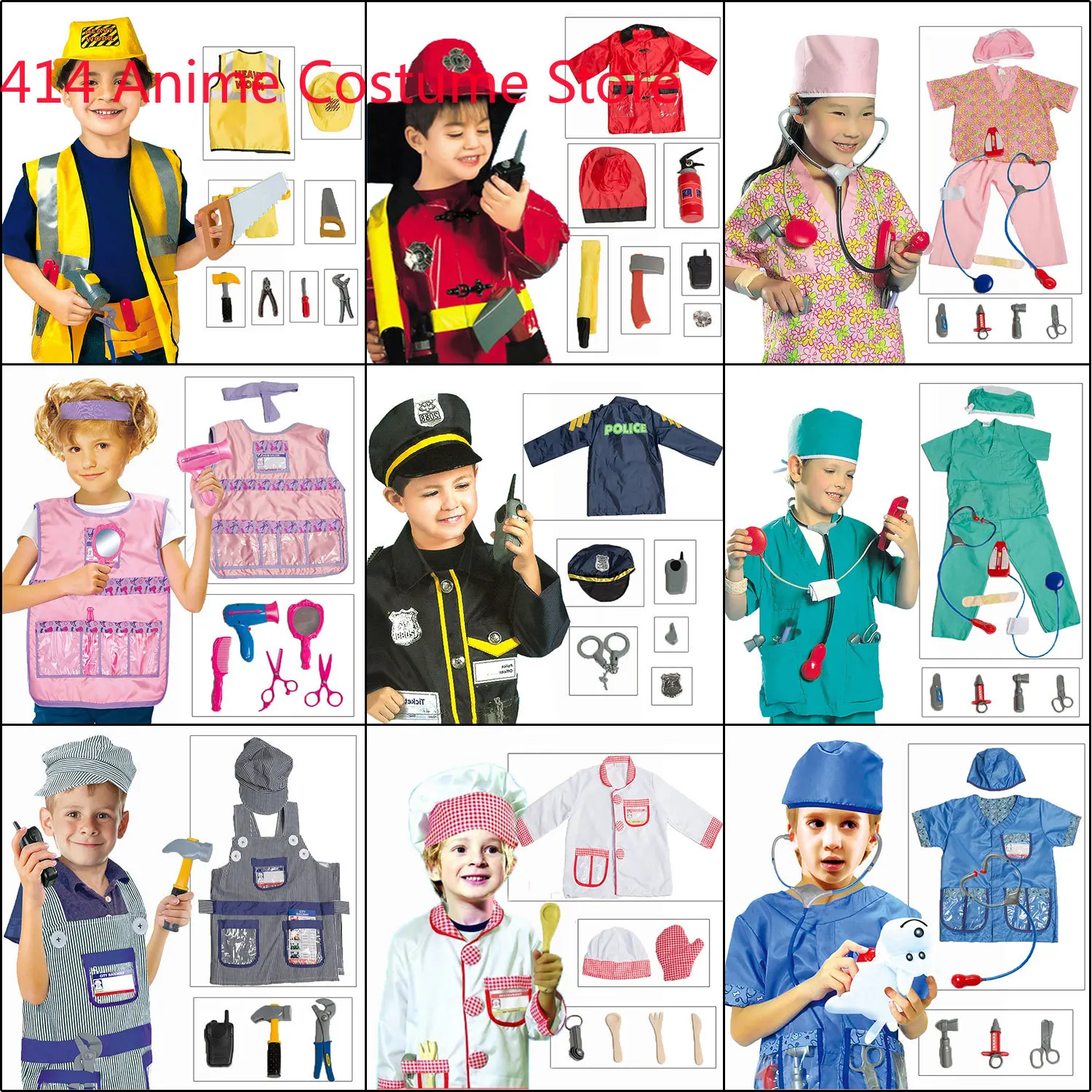 Kids Child Doctor Nurse Firefighter Astronaut Costume Occupation Game Role Play Kit Set for Boys Girls Party Fancy Dress