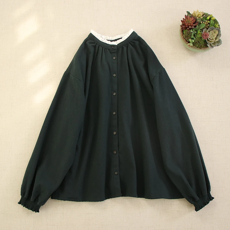 Japanese Mori Girl Vintage Single Breasted Cotton Shirts Women Spring New Stand Collar Long Sleeve Casual Loose Shirt Tops