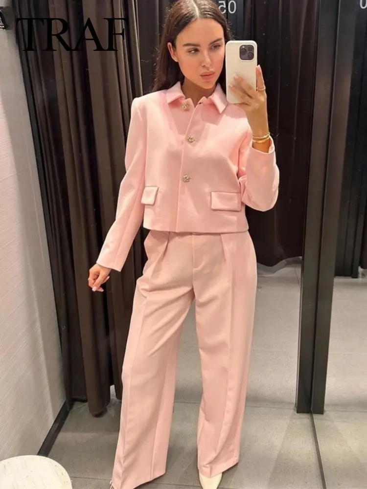 TRAF primavera nuova moda donna set solido risvolto maniche lunghe cappotto monopetto + cintura a vita alta cerniera femminile gamba larga pantalone