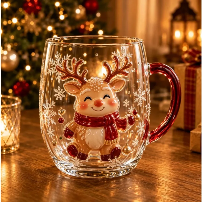 Cute Christmas Glass Coffee Mug with Handle, Snowflake Art Cup for Tea, Cocoa, Office Gift
