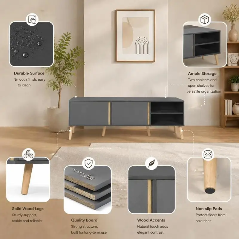 Mueble para TV de hasta 55 pulgadas, estilo escandinavo, 2 puertas, 2 nichos con paso para cables, 150 x 35 x 45 cm, gris oscuro. Crea una zona de almacenamiento de dispositivos multimedia ordenada para las necesidades diarias de visualización y entretenimiento familiar.