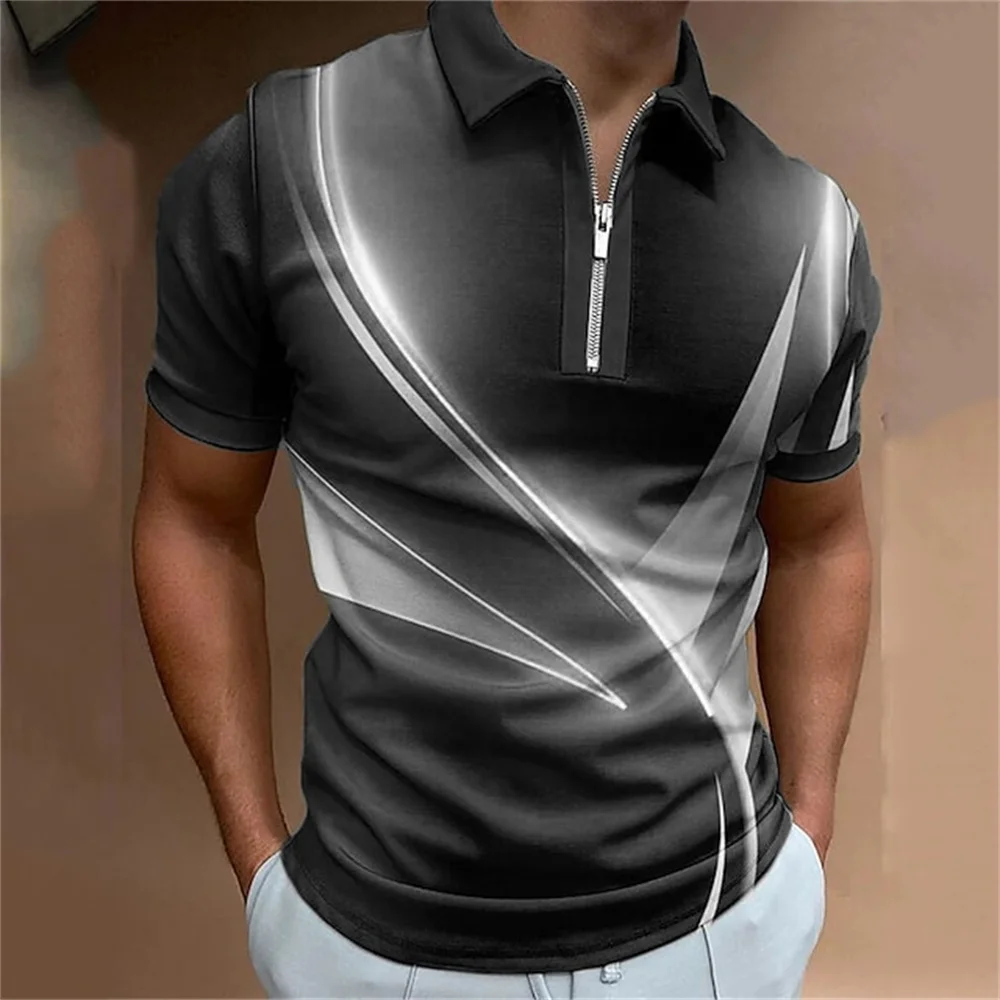 Fashion Men\'s Clothing Polo Shirts Casual Turn-Down Collar Zipper Golf Wear Ladder Print Short Sleeve Tee Shirt Men Polos Tops