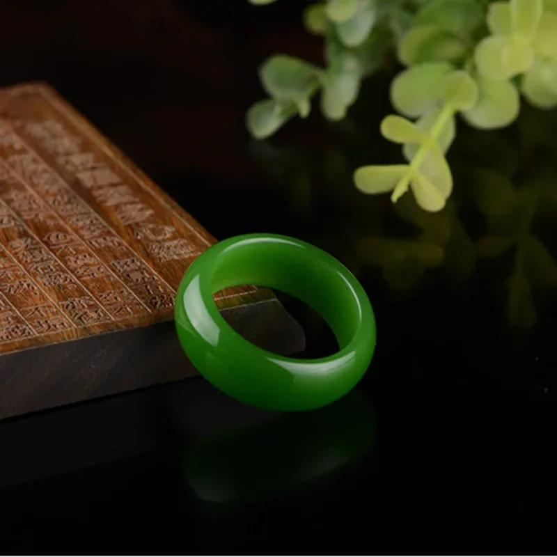 Natural Green Xinjiang Hetian Jade Ring Chinese Jadeite Amulet Fashion Charm Jewelry Hand Carved Crafts Gifts for Women Men