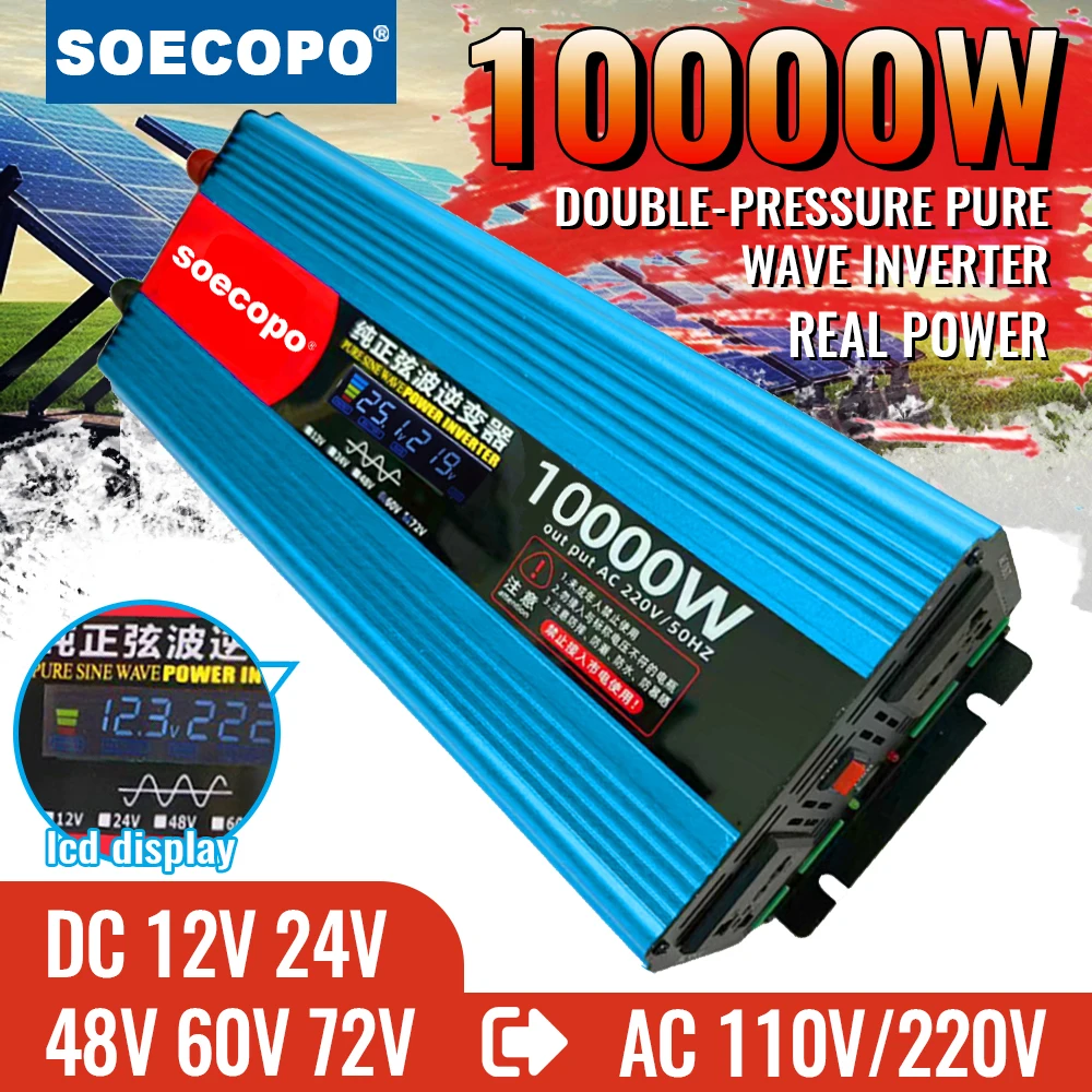 Pure Sine Wave Inverter 10000W Dual Voltage Design for Car/Trucks/E-Motorcycle/Home 12V/24V/48V/60V/72V to 110V/220V LCD Display