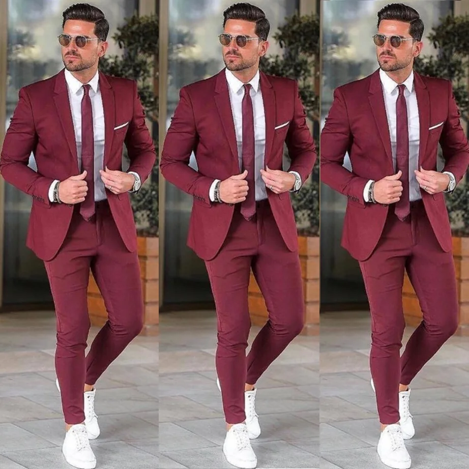 Personalizado burgundy terno masculino blazers elegantes para a festa de formatura do noivo ternos de casamento entalhado lapela smoking dos homens