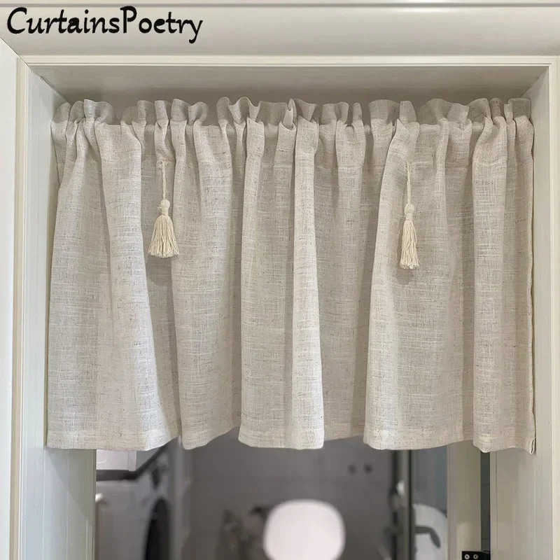 

Semi Sheer Curtains for Bedroom Light Filtering Beige Linen Textured with Tassel Rod Pocket Short Curtain for Sliding Glass Door
