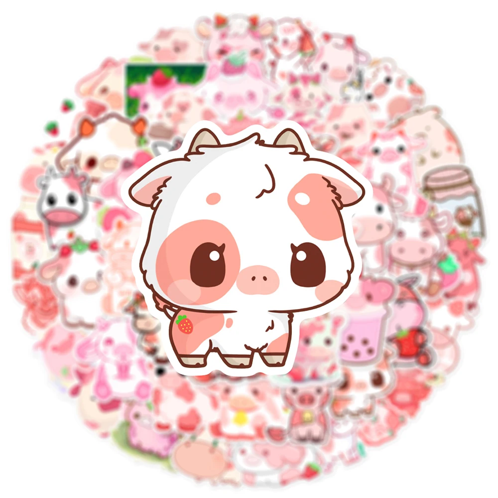 10/50Pcs Cartoon Cute Pink Cow Varied Stickers Pack for Kids Cup Travel Luggage Scrapbooking Notebook Decoration Graffiti Decals