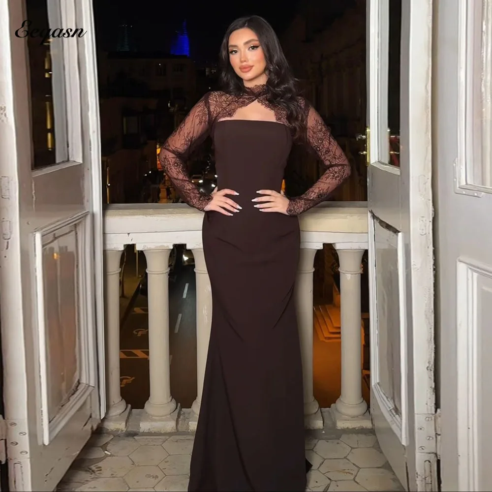 

Eeqasn Customized Sizes Available Crepe Formal Evening Dress Brown Mermaid Floor-Length Wedding Guest Dresses High Quality