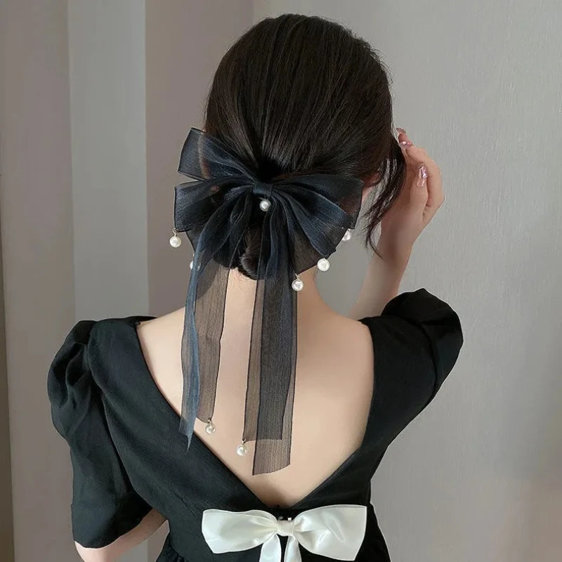 

Female Korean Style Hair Accessories Fashion Long Streamer Pearl Bow Hairpin for Women Girls Headwear Top Clip Ladies Hairgrips