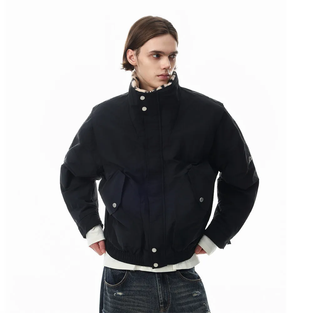 MWJLPWQ Men's Reversible Stand-Collar Cotton Jacket Winter Trendy Polka Dot Camouflage Faux Mink Fur High-Neck Loose Coat 21344