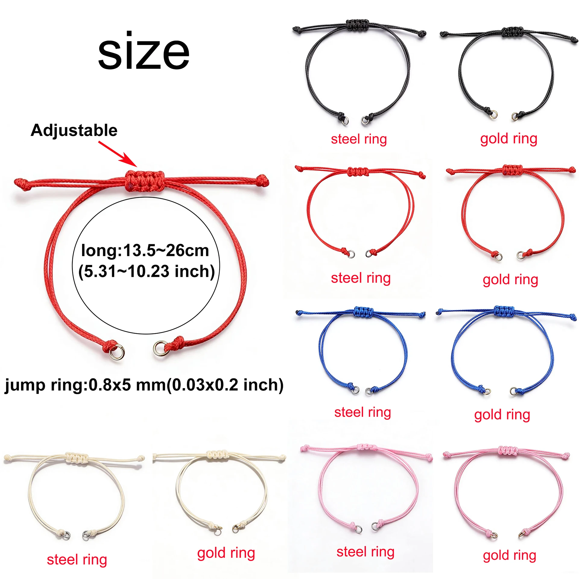 50pcs/lot Handmade Wax Thread Braided Bracelet Adjustable Slider Bracelet Link Rope with Stainless Steel Jump Rings DIY Jewelry