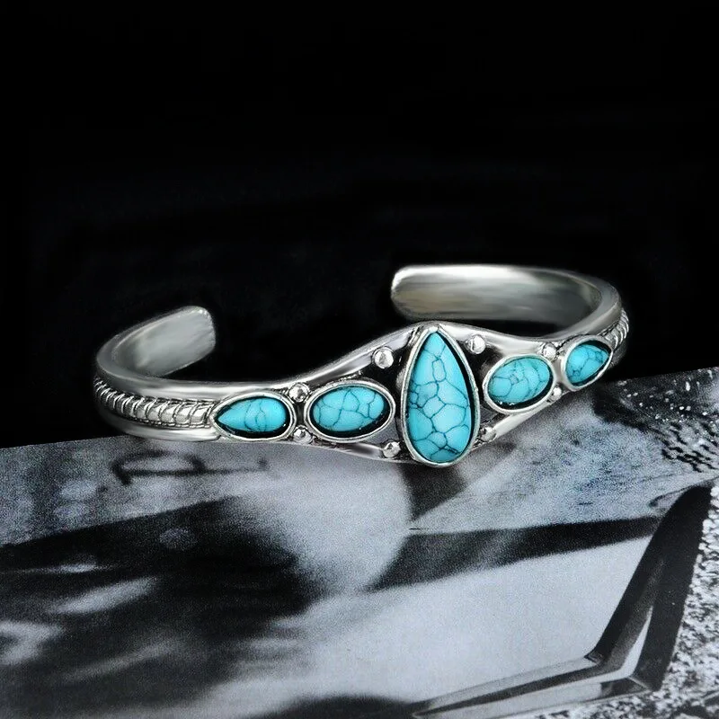 Wu\'s 2022 New European and American Bohemian Style Retro Turquoise Carved Hollow Geometric Bracelet Opening Adjustable Bracelet