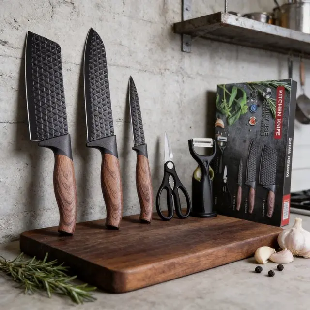 5-piece kitchen knife set, featuring non-stick coated blade wood-like handle chef's knife, scissors, and peeler set of tableware