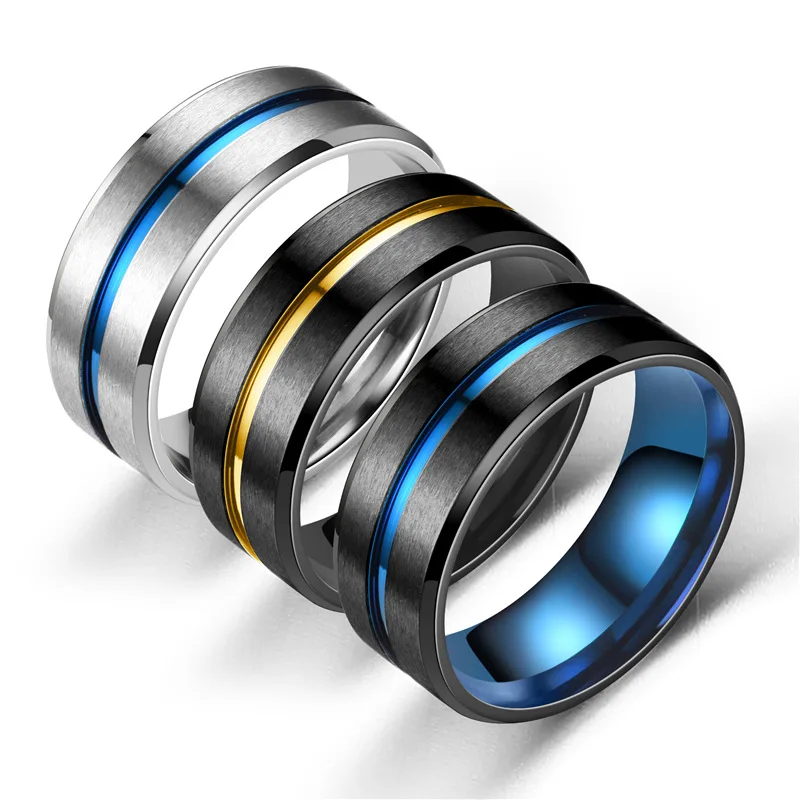 10pcs Men's Fashion 8MM Black Brushed Ladder Edge Stainless Steel Ring Blue Groove Men Wedding Ring Gifts For Men