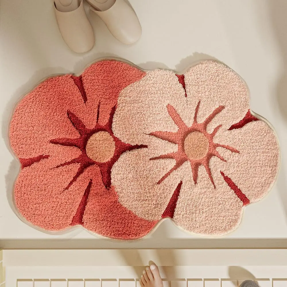 

Floral Irregular Shaped Art Bath Rug Water Absorbent Bath Mat Anti Slip Bath Rugs Flocked Microfiber Bath Mats for Shower Floor