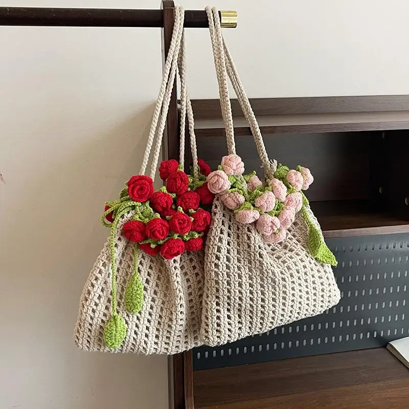 

Creative Sweet Rose Knitting Bag Cute Floral Hollow Out Shoulder Bag Large Capacity Leisure Bucket Bag For Girls Gift