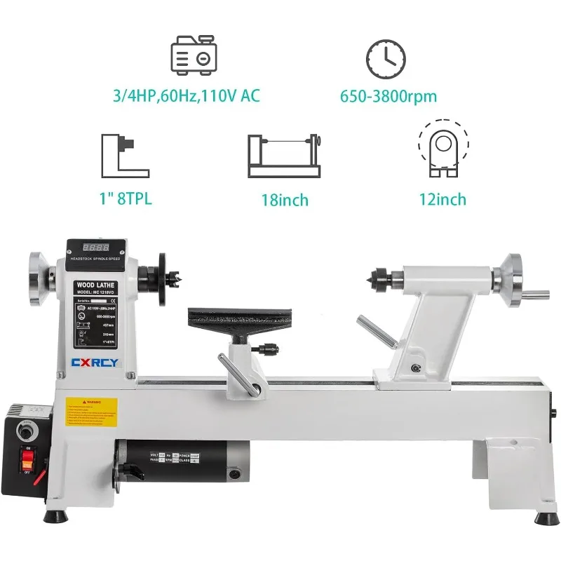 Imagem -02 - Cxrcy Benchtop Máquina de Torno de Madeira Velocidade Infinitamente Variável 6503800 Rpm 12 x 18 hp com Óculos