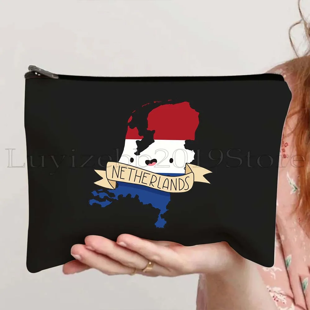 Amsterdam Landmark Skyline Emblem Bandera holandesa de Países Bajos Mapa Regalos de viaje Bolsa de maquillaje cosmético de lona Estuche para lápices Bolsa con cremallera