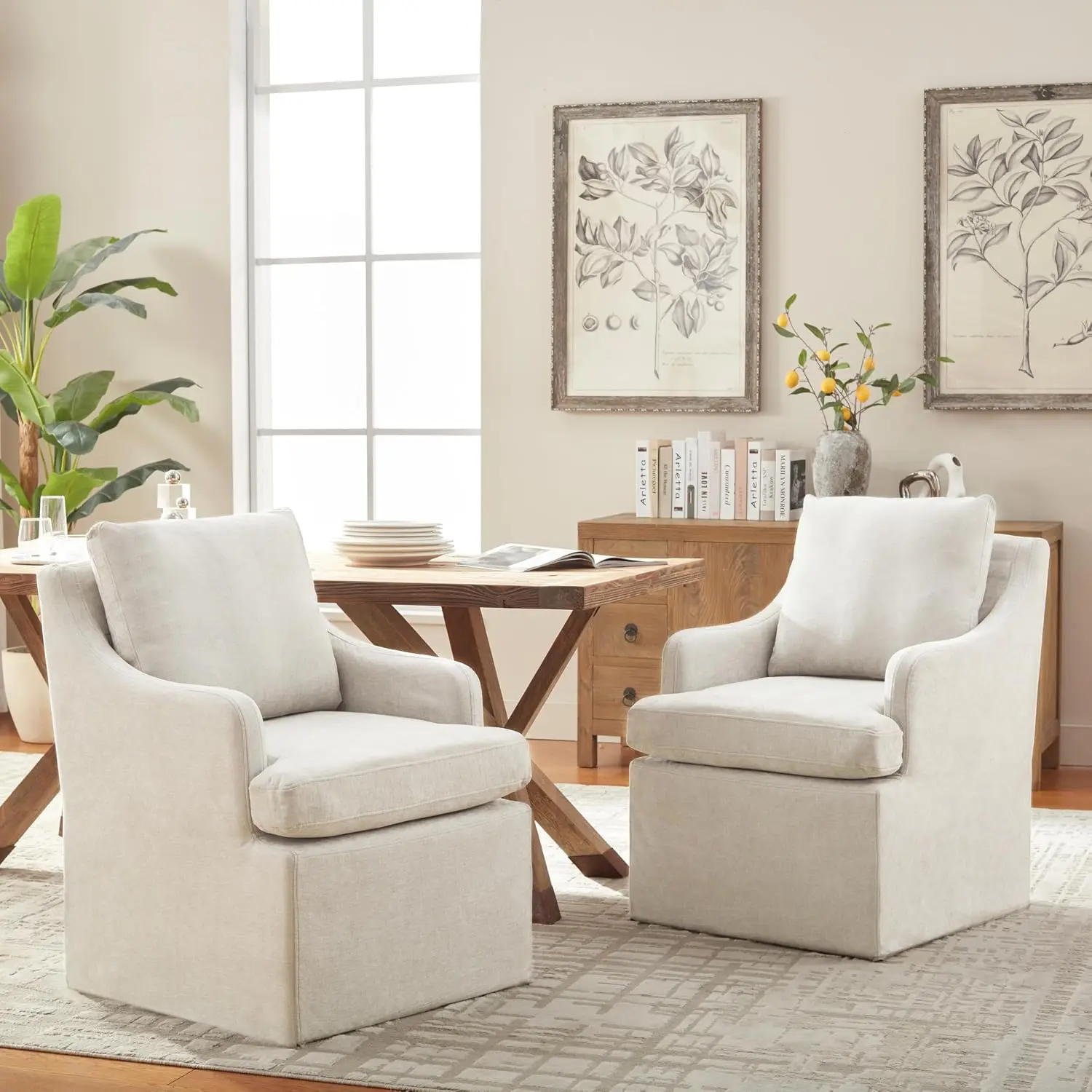 Chenille Rolling Dining Chairs with Armrest & Casters, Washable Cover, Easy Assembly for Living Room & Bedroom, Customized