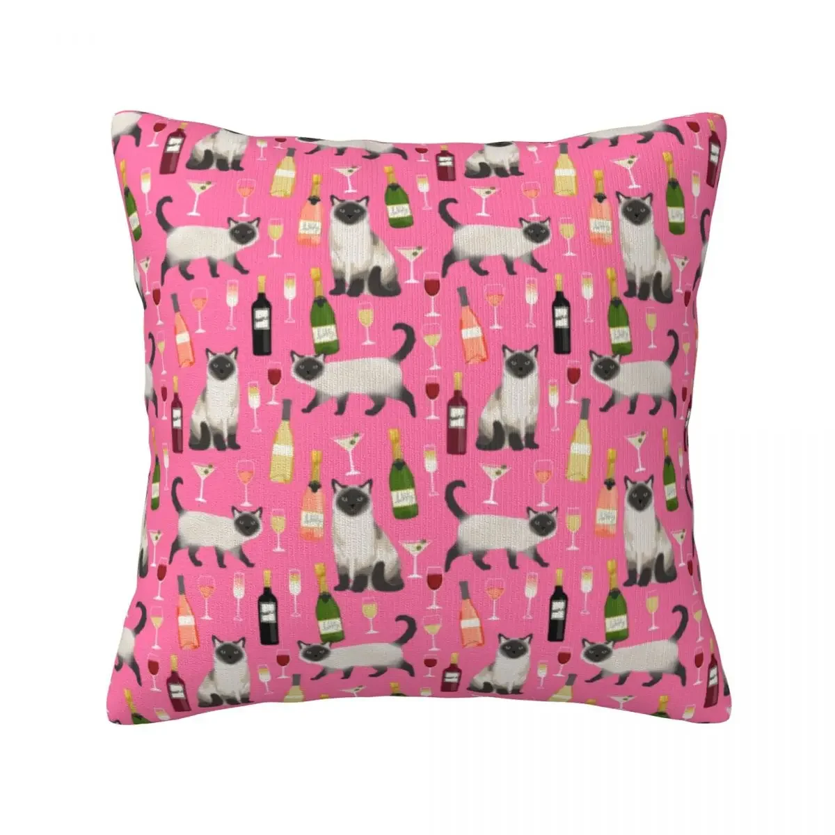 Pink Wine Print Pillow Case Cute Siamese Cat Luxury Polyester Pillowcase Car Zipper Summer Cover