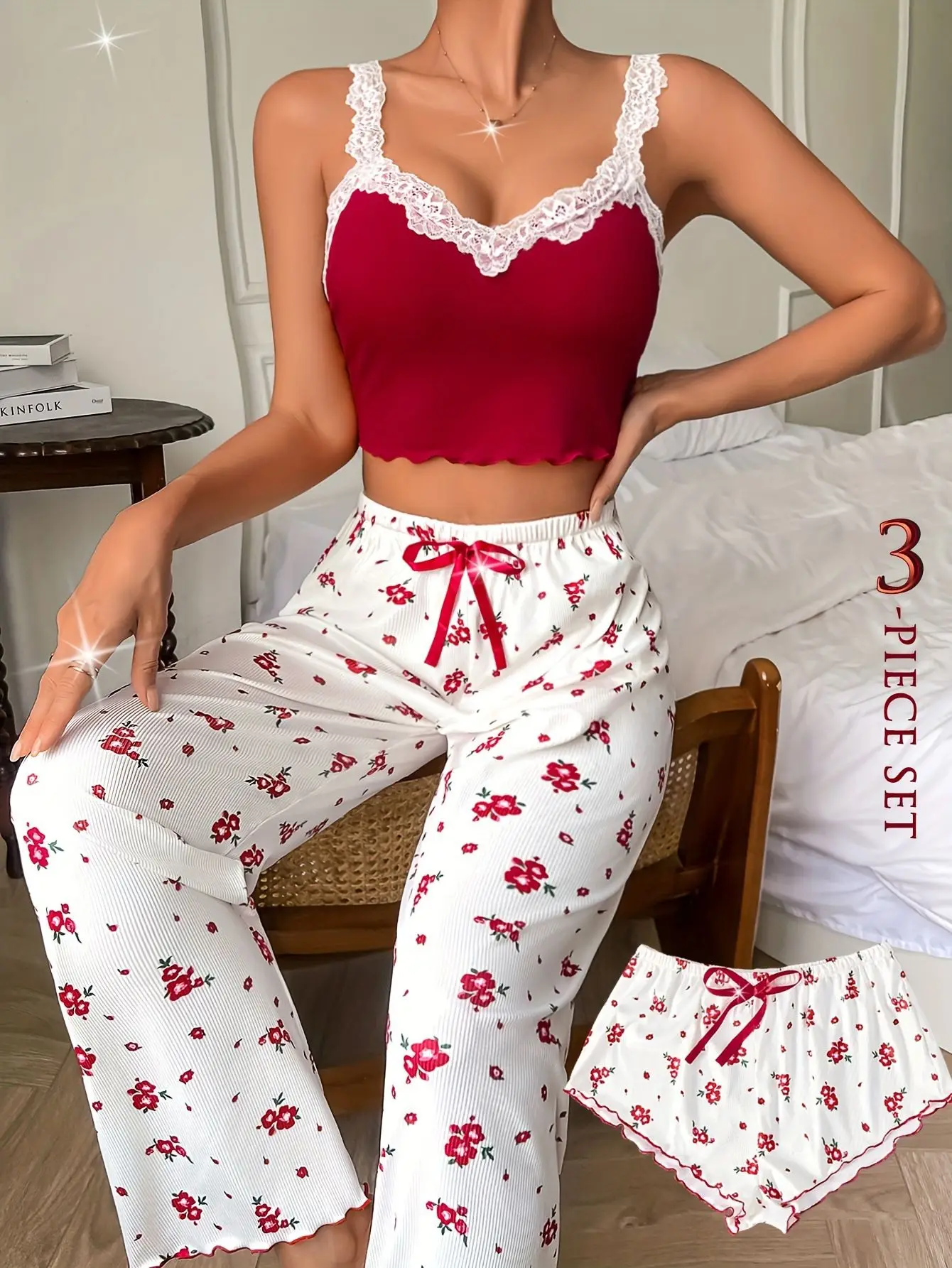 3 Pieces Set Autumn Winter Women's Heart-Shaped Printed Three Piece Pajamas Set Vest Shorts and Pants Homewear Casual Sleepwear