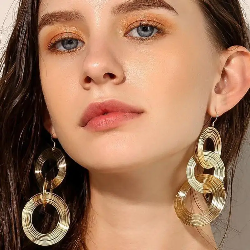 Exaggerated Long Multilayer Circle Drop Earrings For Women Jewelry Gold Silver Color Earings Vintage Big Circle Earrings 2024