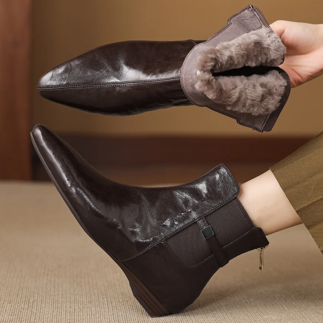 

danxuefei women's sheepskin elastic fabric patchwork metal buckle pointed toe back zip wool inside winter flat ankle snow boots