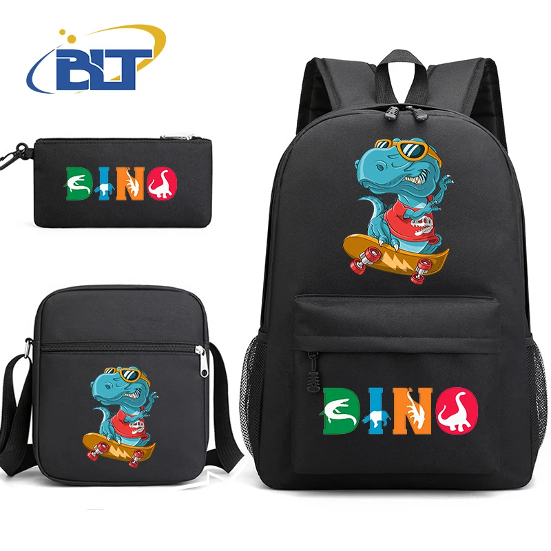 Dinossauro Imprimir Student School Bag Set, Juventude Mochila Preta, Bolsa de Ombro, Lápis, Presente Kids Back to School, 3 Pcs