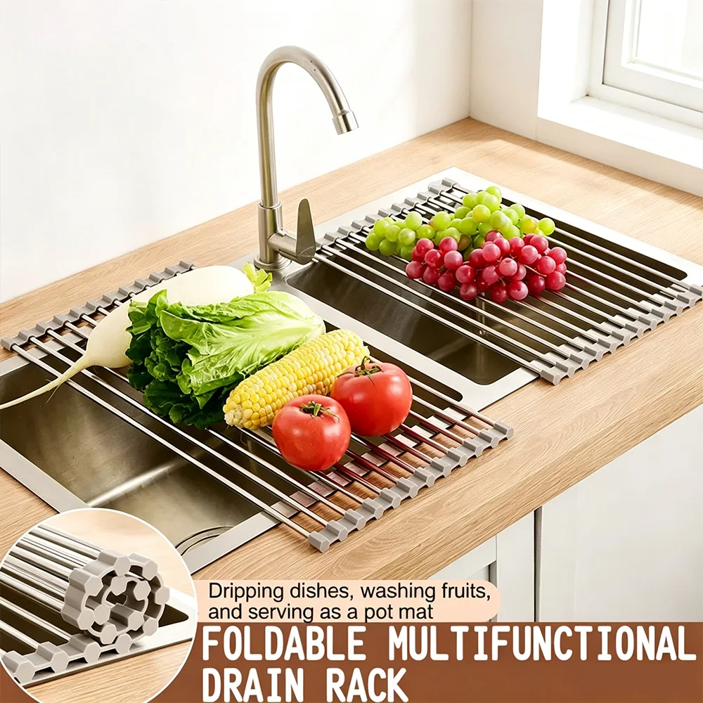 Kitchen Multifunctional Foldable Sink Drain Rack Stainless Steel Dish Fruit Drying Storage Shelf Bowl Organizer