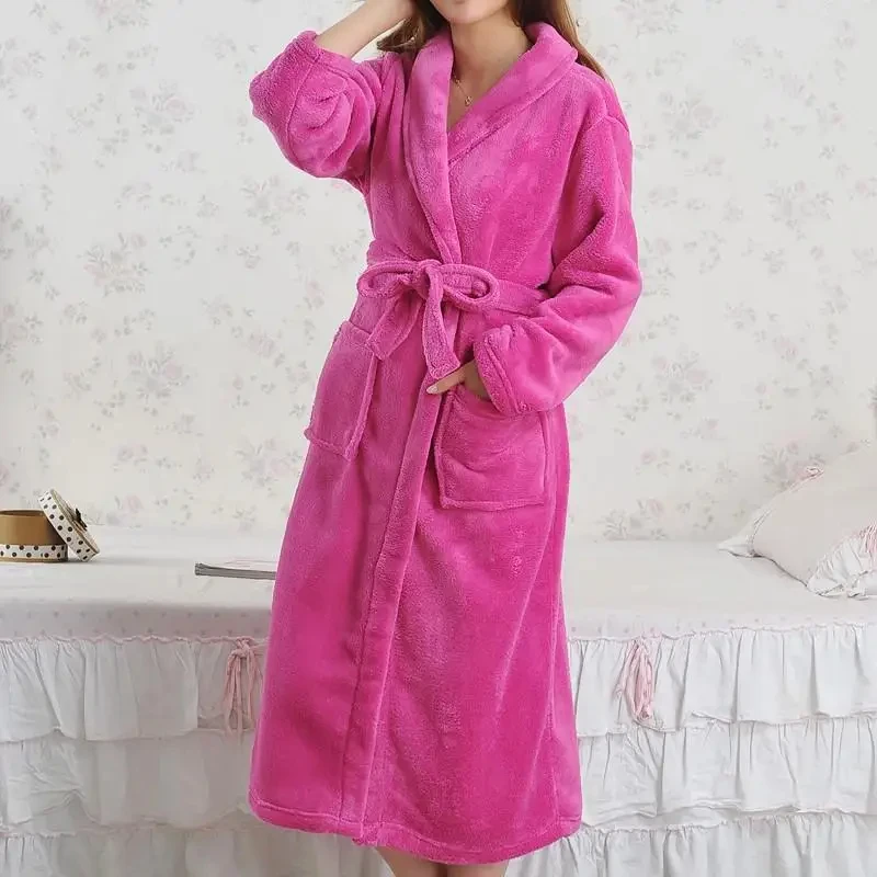 Autumn Winter Kimono Bathrobe Gown Coral Fleece Sleepwear Long Robe Loose Nightwear Thick Warm Home Dress Flannel Loungewear